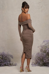 Mocha Bardot Twist Maternity Midi Dress